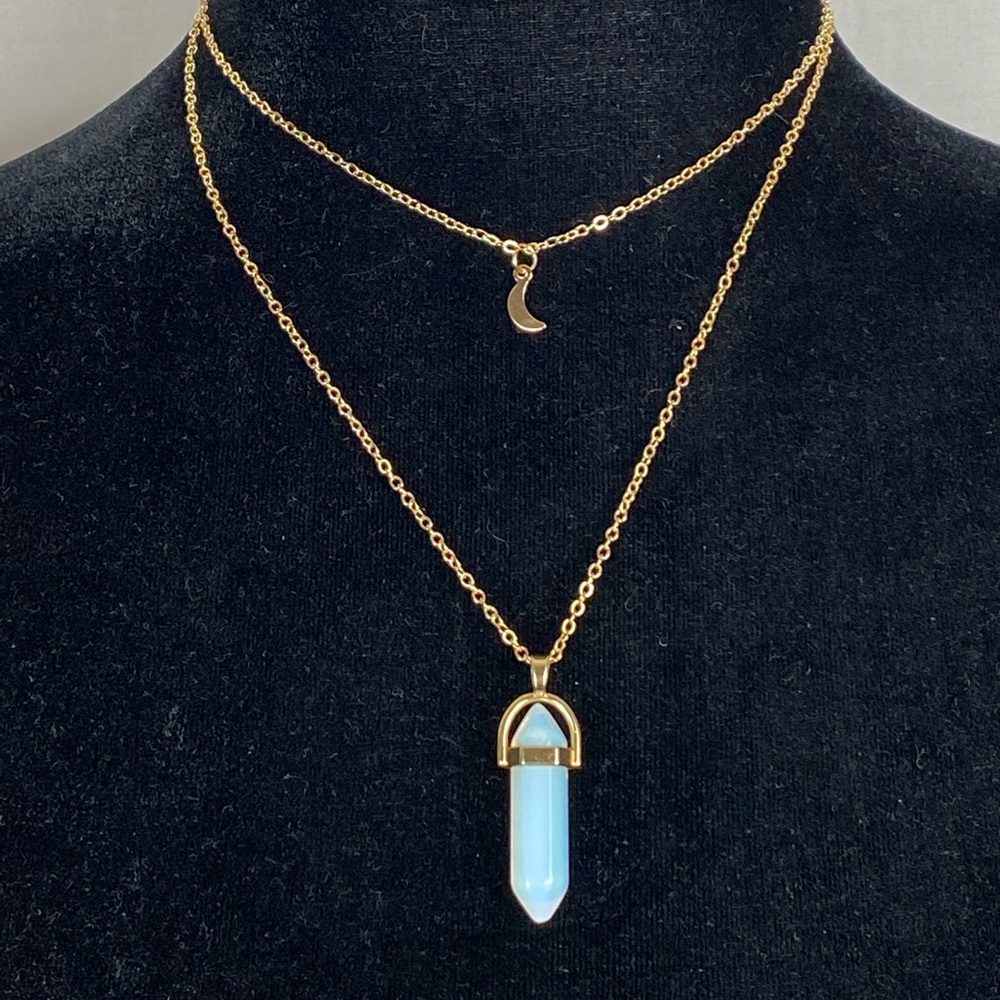 Stone Pendant and Moon Gold Tone Double Layer Necklace